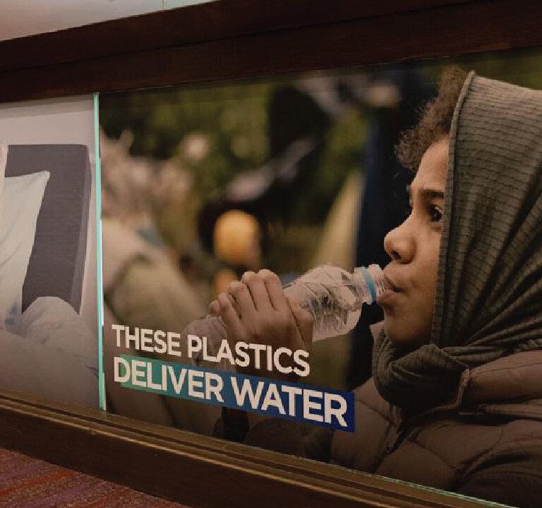 (Left) The secretariat of the Intergovernmental Negotiating Committee (INC) to Develop an International Legally Binding Instrument on Plastic Pollution consults on the dais during the closing plenary in Ottawa on April 30, 2024; (Center) Members of Greenpeace holds up placards during the discussions in Ottawa, Canada, on April 23, 2024.; (Right) Pro-plastic messaging was seen at hotels in Ottawa during the UN INC meetings. (IISD-ENB/Kiara Worth, DAVE CHAN/AFP via Getty Images)