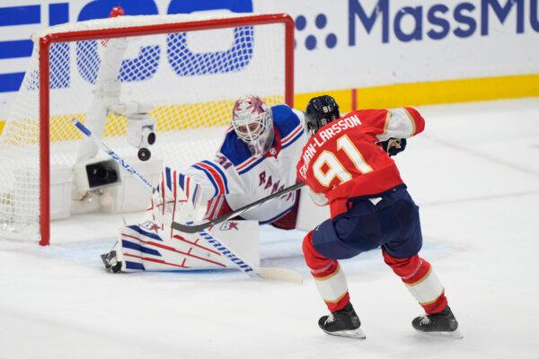 Rangers goaltender Igor Shesterkin makes a point-blank save against Panthers defenseman Oliver Ekman-Larsson during Game 3 of the NHL Eastern Conference final in Sunrise, Fla., on May 26, 2024. (Wilfredo Lee/AP Photo)