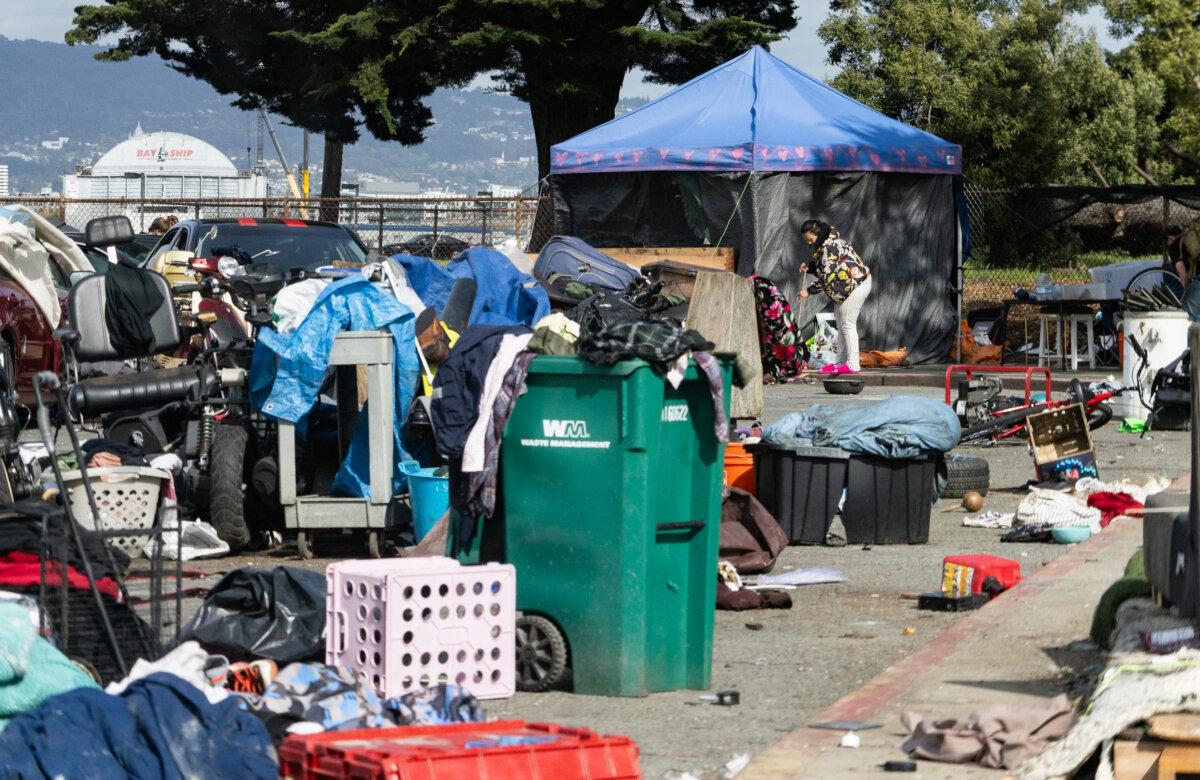 A homeless encampment in Oakland, Calif., on March 25, 2024. (John Fredricks/The Epoch Times)