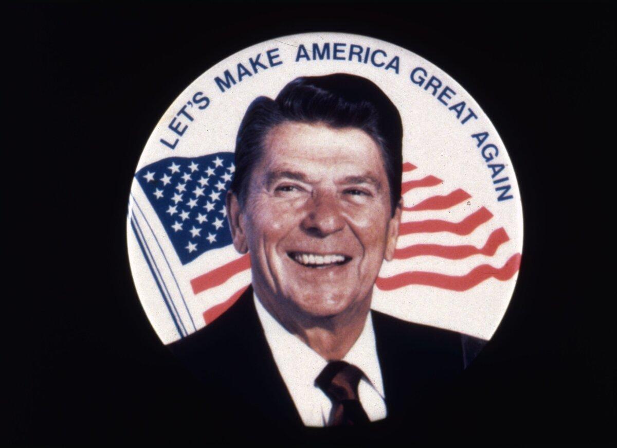 Ronald Wilson Reagan, the 40th president of the United States. A former actor and president of the Screen Actors Guild, he was elected governor of California in 1966 and U.S. president in 1981. He is standing in front of a sign reading "Let's Make America Great Again," during his electoral campaign. (MPI/Getty Images)
