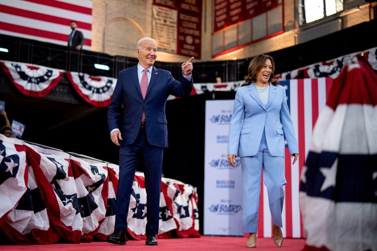 U.S. President Joe Biden and U.S. Vice President Kamala Harris take the stage at a campaign rally at Girard College in Philadelphia on May 29, 2024. (Andrew Harnik/Getty Images)