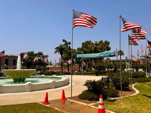 Flags on display in Monrovia. (Jill McLaughlin/The Epoch Times)