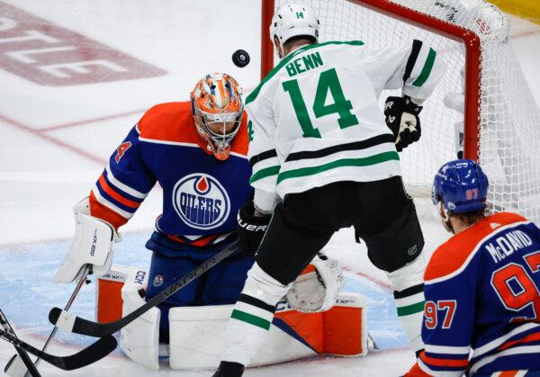 Oilers goaltender Stuart Skinner stops a shot by Stars captain Jamie Benn during Game 6 of the NHL Western Conference final in Edmonton, Canada on June 2, 2024. (Jeff McIntosh/The Canadian Press via AP)