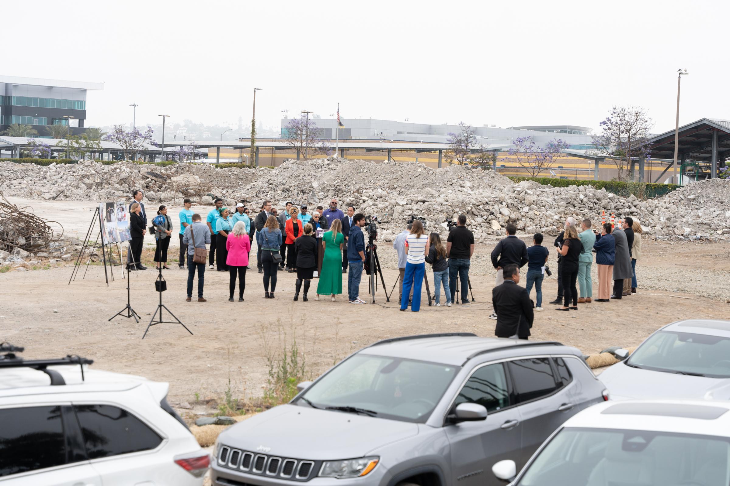 San Diego Mayor Todd Gloria holds a press conference at the H Barracks site, where a safe parking lot for homeless people is proposed. (Jane Yang/The Epoch Times)