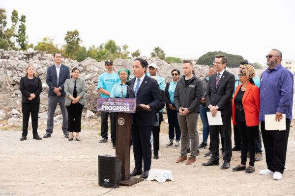 San Diego Mayor Todd Gloria speaks at the press conference at H Barracks on June 6, 2024. (Jane Yang/The Epoch Times)