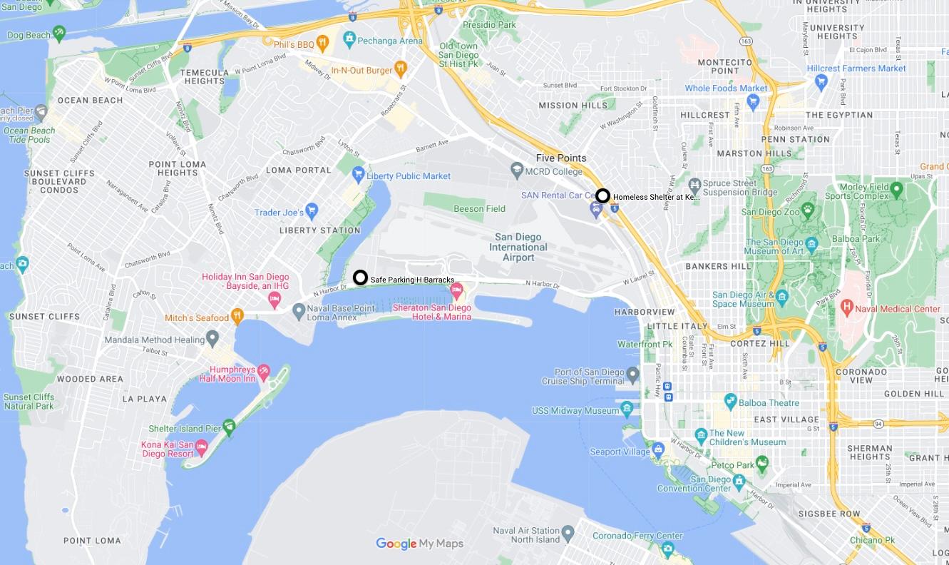 Map showing the shelter at Kettner Boulevard and Vine, and the safe parking lot at H Barracks. (The Epoch Times)