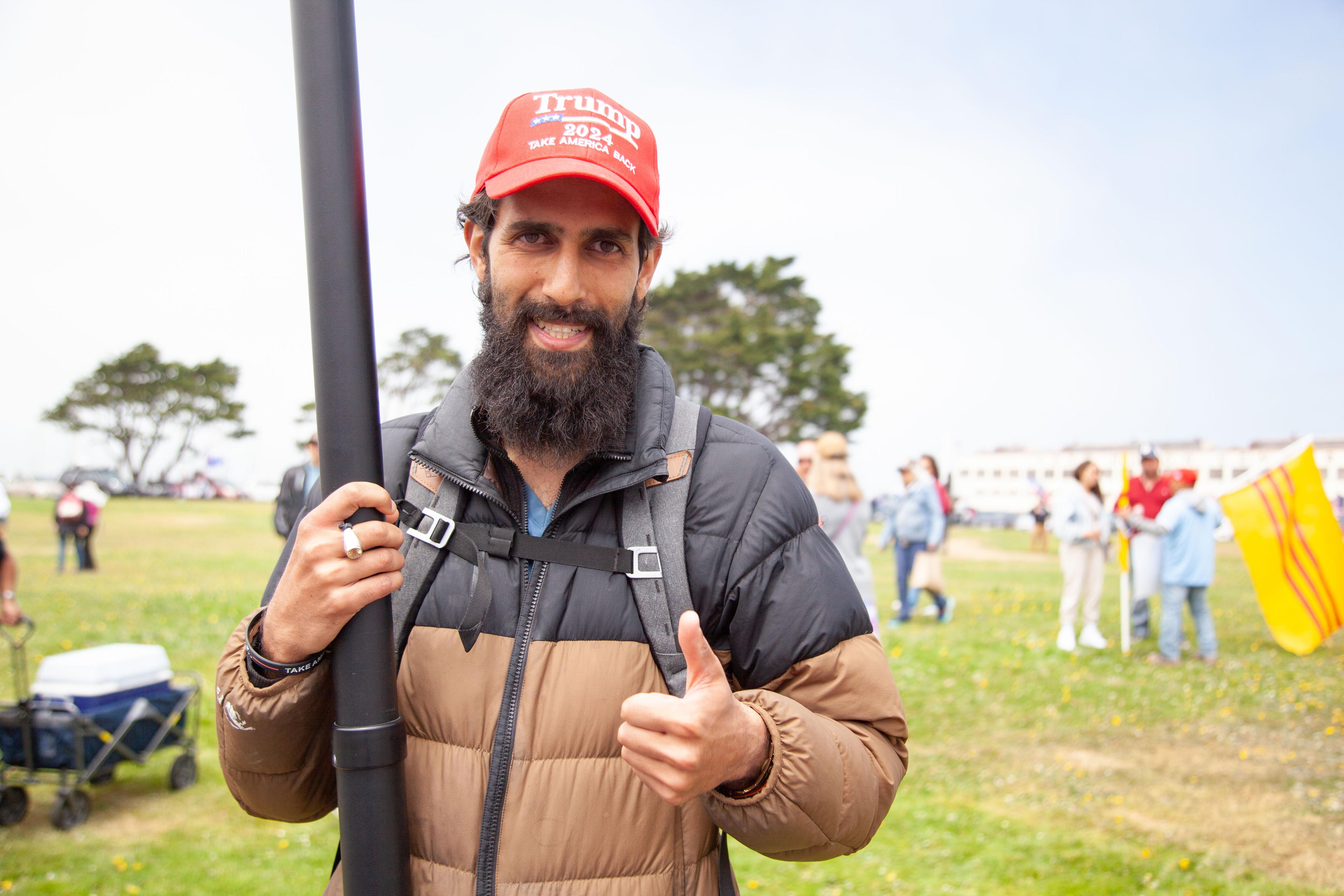 Argun Sodhani of San Francisco attends a flag-waving show of support for former President Donald Trump in San Francisco, California, on June 6, 2024. (Lear Zhou/The Epoch Times)