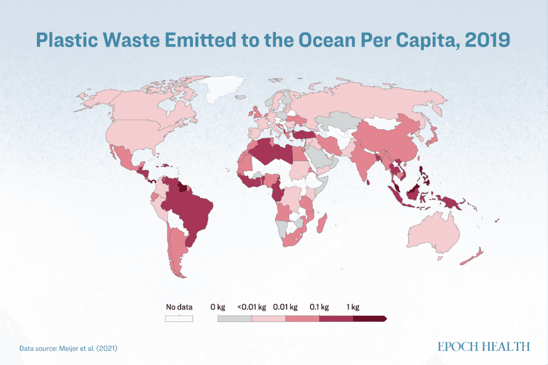 Data mapped by Our World in Data shows national rates of per capita plastic pollution to the oceans. American individuals add about .01 kilograms (10 grams) of plastic waste to the world's oceans each year. At 336,500,000 people today, that amounts to 3,311 tons or 7,418,555 pounds. (The Epoch Times)