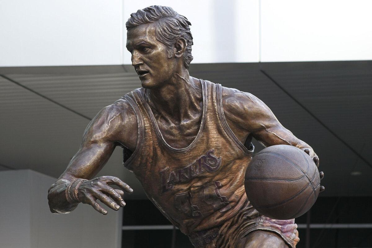 A statue is displayed outside Staples Center for former Los Angeles player and general manager Jerry West in Los Angeles, Calif., on Feb. 20, 2011. (Jeff Gross/Getty Images)