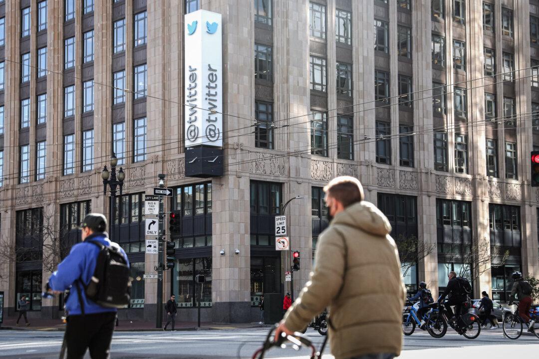 The Twitter headquarters in San Francisco on April 27, 2022. Billionaire Elon Musk, CEO of Tesla and SpaceX, reached an agreement to purchase the social media platform for $44 billion. (Justin Sullivan/Getty Images)