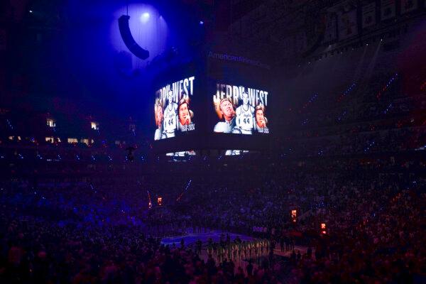 A tribute for Jerry West is observed prior to Game 3 of the NBA Finals between the Dallas Mavericks and the Boston Celtics in Dallas on June 12, 2024. (Sam Hodde/AP Photo)