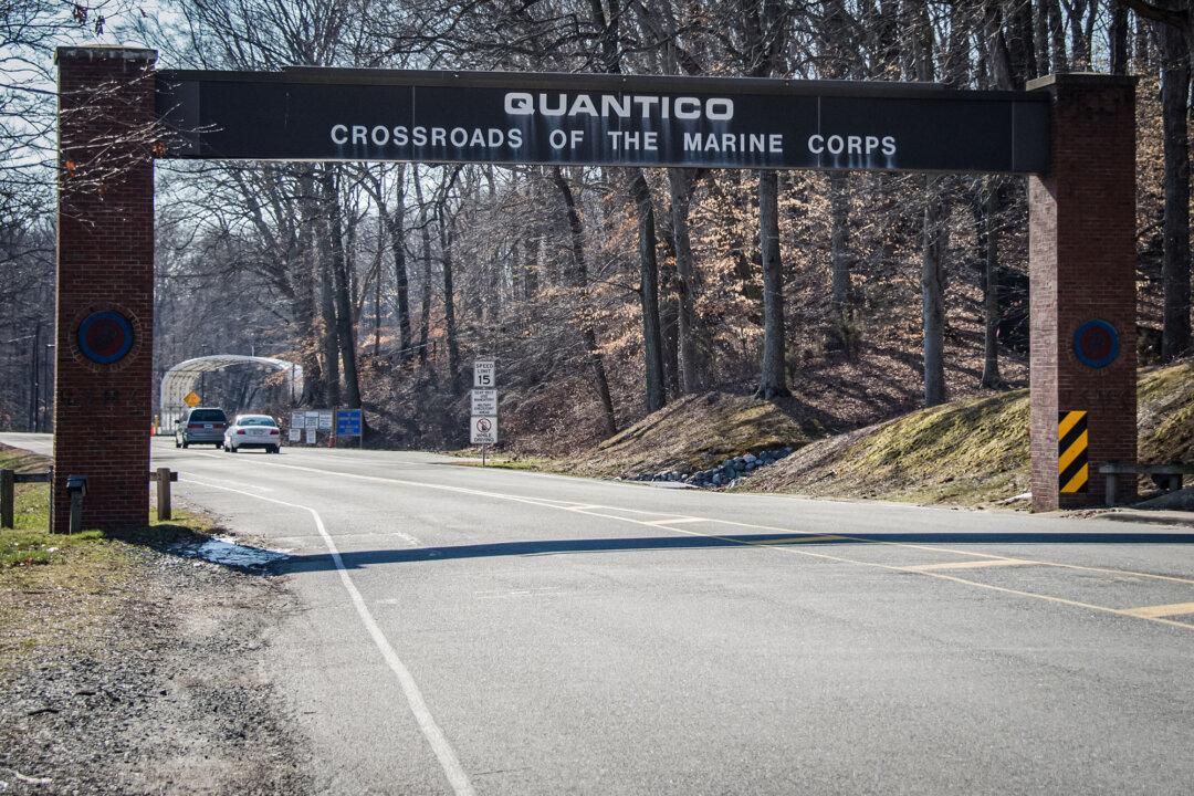 The main gate of the U.S. Marine Corps Base in Quantico, Va., on March 22, 2013. One of the two Jordanian nationals who tried to gain access to the base on May 3 was an illegal alien on the terrorist watch list. (Jim Watson/AFP via Getty Images)