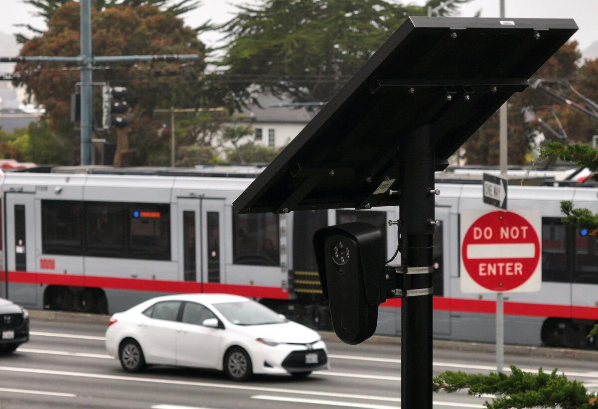 An automated license plate reader is seen mounted on a pole in San Francisco on June 13, 2024. (Justin Sullivan/Getty Images)