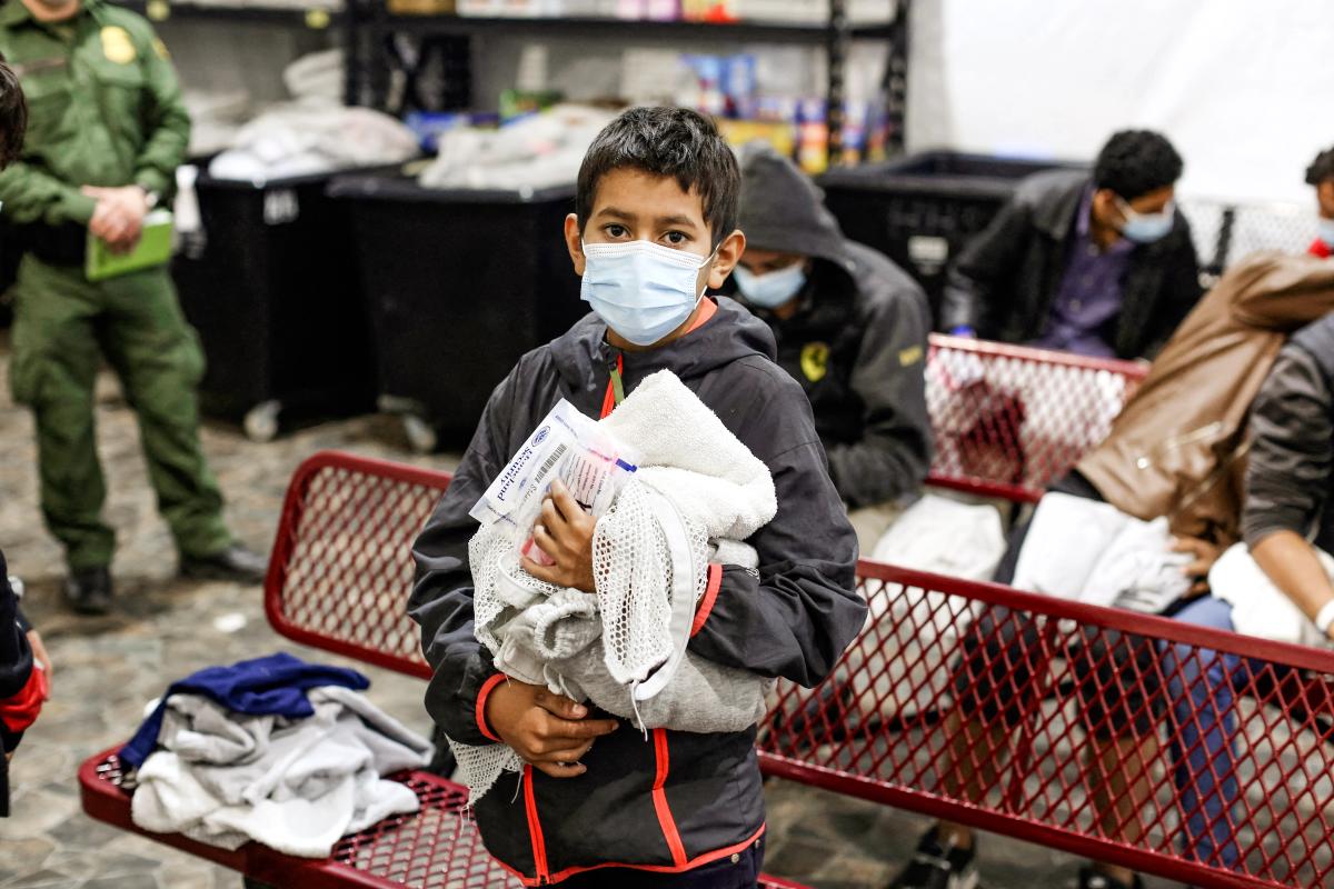 An unaccompanied minor at the Donna Department of Homeland Security holding facility in the Rio Grande Valley in Donna, Texas, on March 30, 2021. (Dario Lopez-Mills/AFP via Getty Images)