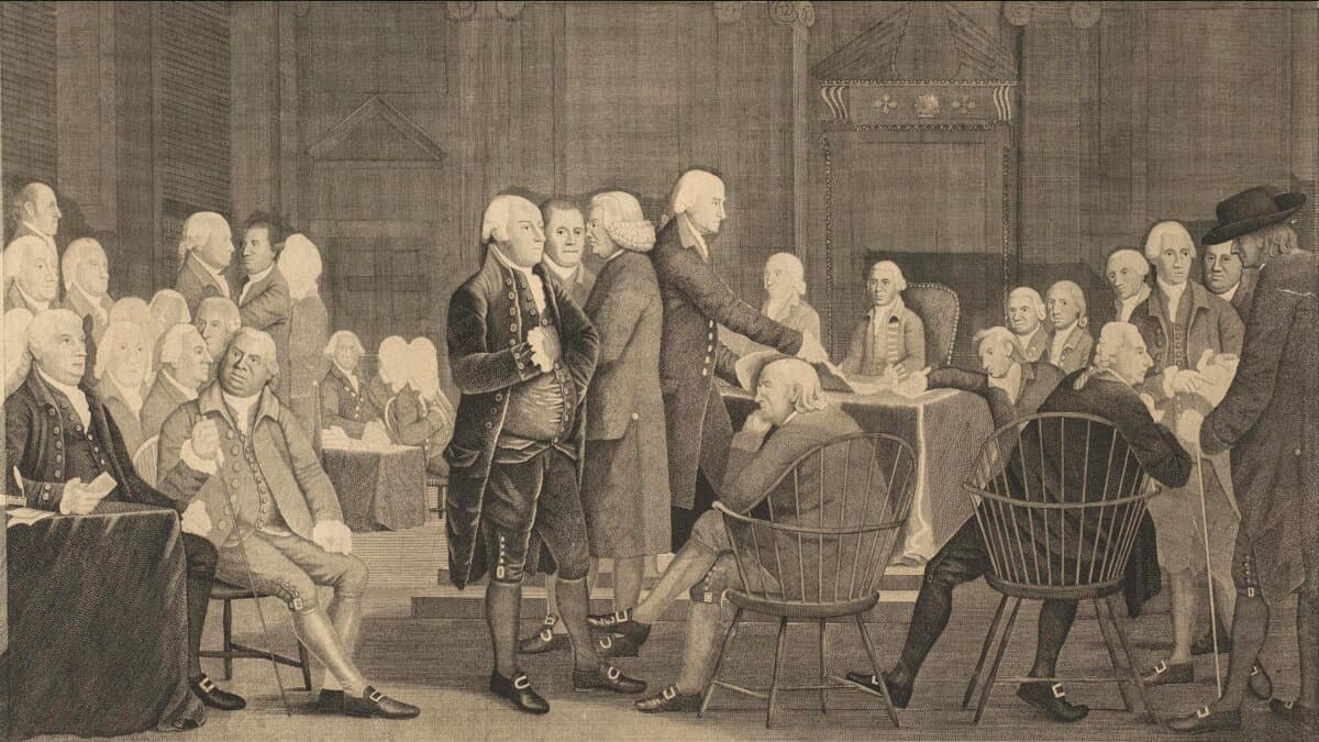 A print of “Congress Voting Independence” by Edward Savage after Robert Edge Pine. (Public Domain)