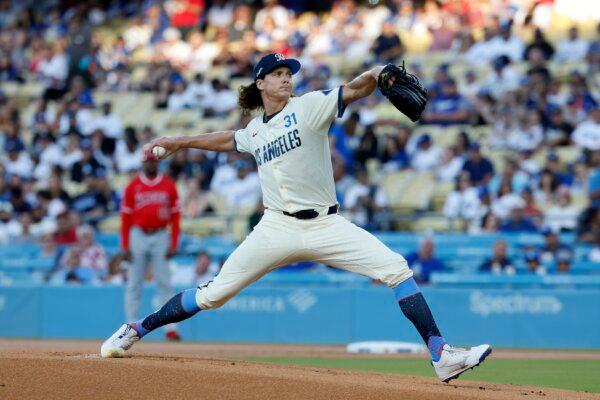 Starting pitcher Tyler Glasnow (31) of the Los Angeles Dodgers throws against the Los Angeles Angels during the first inning at Dodger Stadium in Los Angeles on June 22, 2024. (Kevork Djansezian/Getty Images)