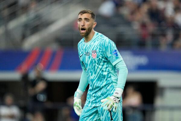 Goalkeeper Matt Turner of the United States reacts during a Copa America soccer match against Bolivia in Arlington, Texas, on June 23, 2024. (Tony Gutierrez/AP Photo)