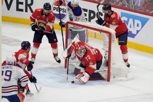 Panthers goaltender Sergei Bobrovsky makes a save against the Oilers during Game 7 of the Stanley Cup Final in Sunrise, Fla., on June 24, 2024. (Rebecca Blackwell/AP Photo)