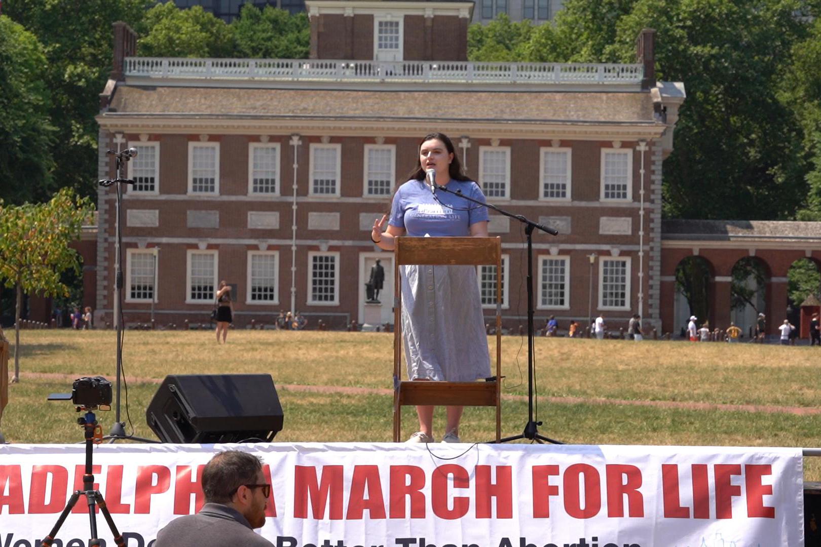 Lisa Eshleman, the Director of Programs and Curriculum at Generation Life, spoke at the rally of the 4th Annual March for Life and Rally at Independence Mall in Philadelphia, Pa., on June 22, 2024. (William Huang/The Epoch Times)