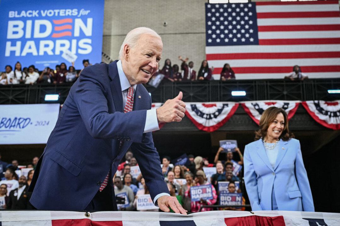 President Joe Biden and Vice President Kamala Harris acknowledge the crowd after speaking at a campaign rally in Philadelphia on May 29, 2024. (Mandel Ngan/AFP via Getty Images)