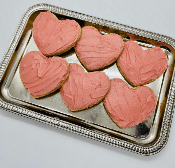 Frosted heart sugar cookies. (Courtesy of JillyBean’s Keto Bakery)
