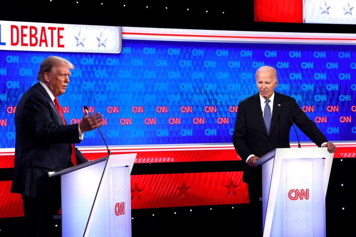 President Joe Biden (R) and former President Donald Trump participate in a presidential debate at the CNN Studios in Atlanta on June 27, 2024. (Justin Sullivan/Getty Images)