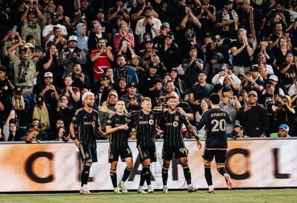Mateusz Bogusz (C) of LAFC celebrates his goal with teammates against the Colorado Rapids in Los Angeles on June 29, 24. (Courtesy of Los Angeles FC via The Epoch Times)