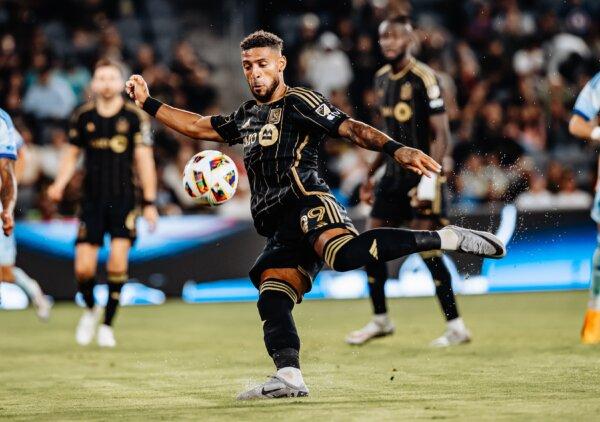 LAFC forward Denis Bouanga (99) takes a shot against the Colorado Rapids in Los Angeles on June 29, 24. (Courtesy of Los Angeles FC via The Epoch Times)