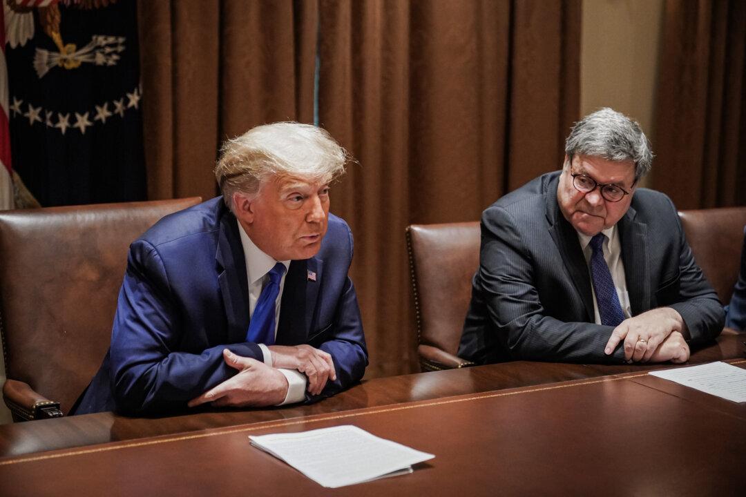 President Donald Trump, Attorney General William Barr, and state attorneys general discuss protections from social media abuses at the White House on Sept. 23, 2020. (Mandel Ngan/AFP via Getty Images)