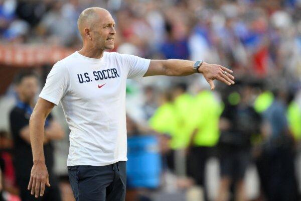 Coach Gregg Berhalter of the United States directs his players during a Copa America match against Uruguay in a Copa America Group C match in Kansas City on July 1, 2024. (Reed Hoffman/AP Photo)