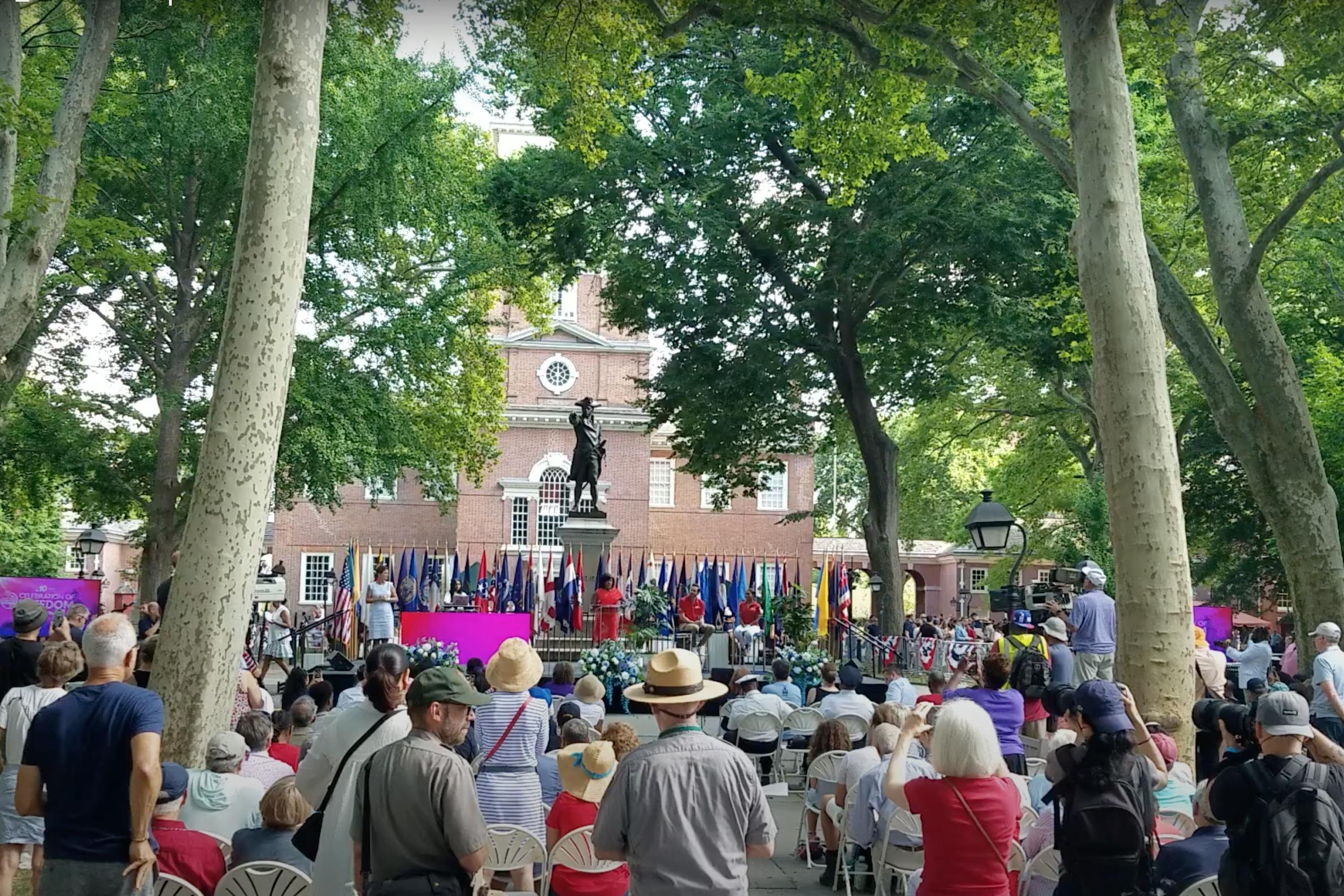 Philadelphia Mayor Cherelle Parker honors several individuals at the Celebration of Freedom Ceremony on July 4, 2024. (Andrew Li/The Epoch Times)