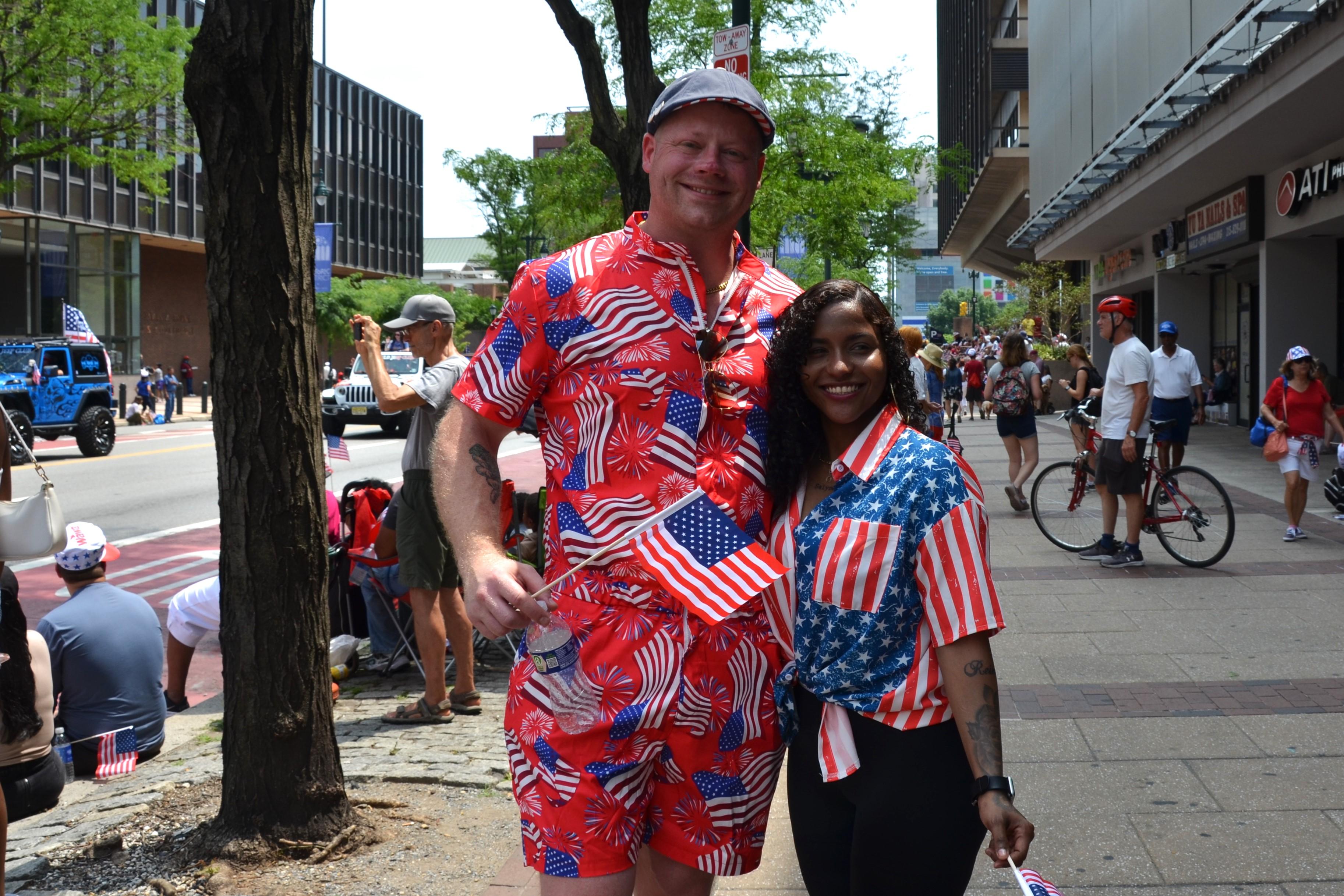 Paul Goodrich (left), an ironworker union organizer from Chicago, attends Philadelphia’s Independence Day Parade on July 4, 2024. (Frank Liang/The Epoch Times)