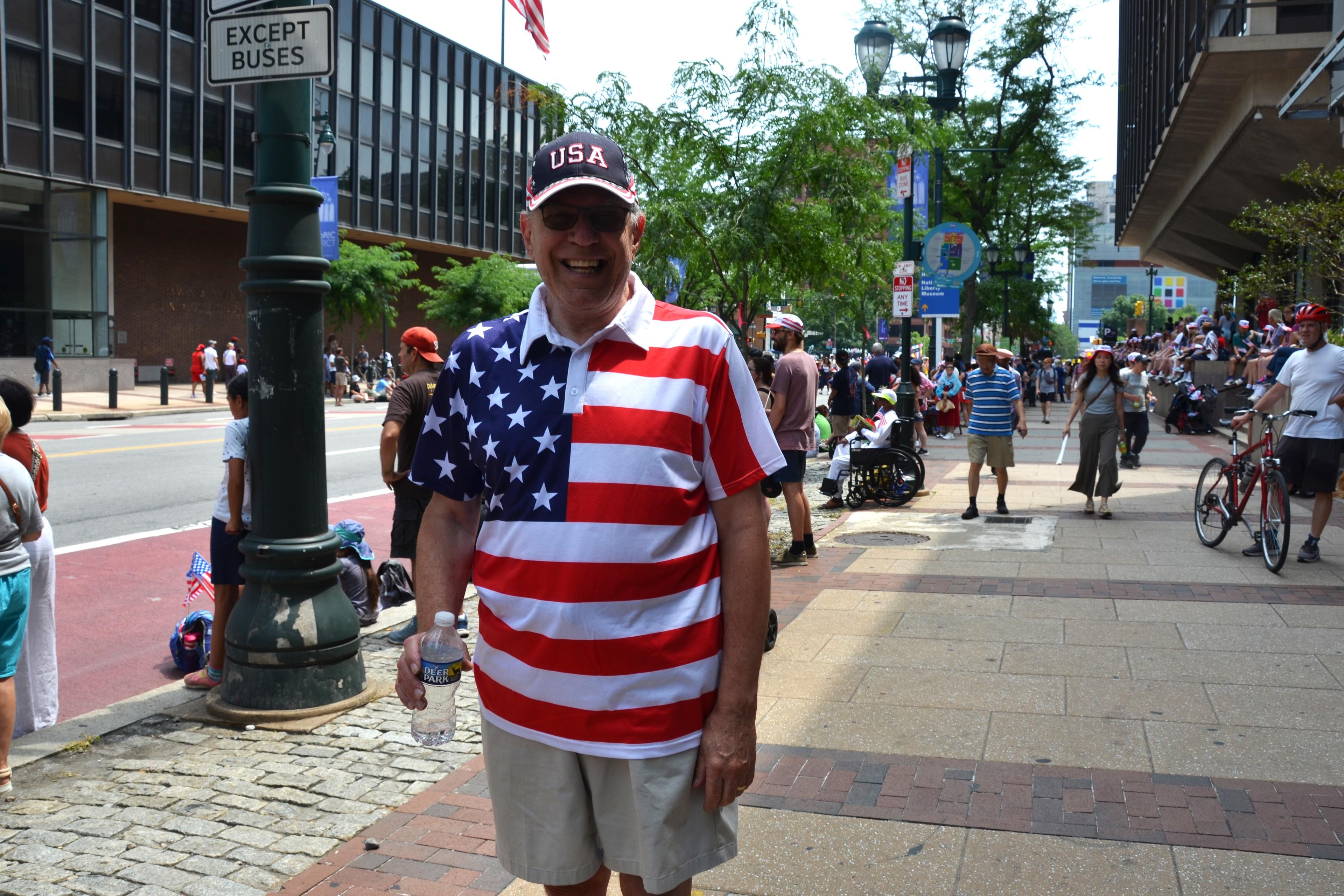 Michael Eckstein, a retired technologist from Philadelphia, attends Philadelphia’s Independence Day Parade on July 4, 2024. (Frank Liang/The Epoch Times)