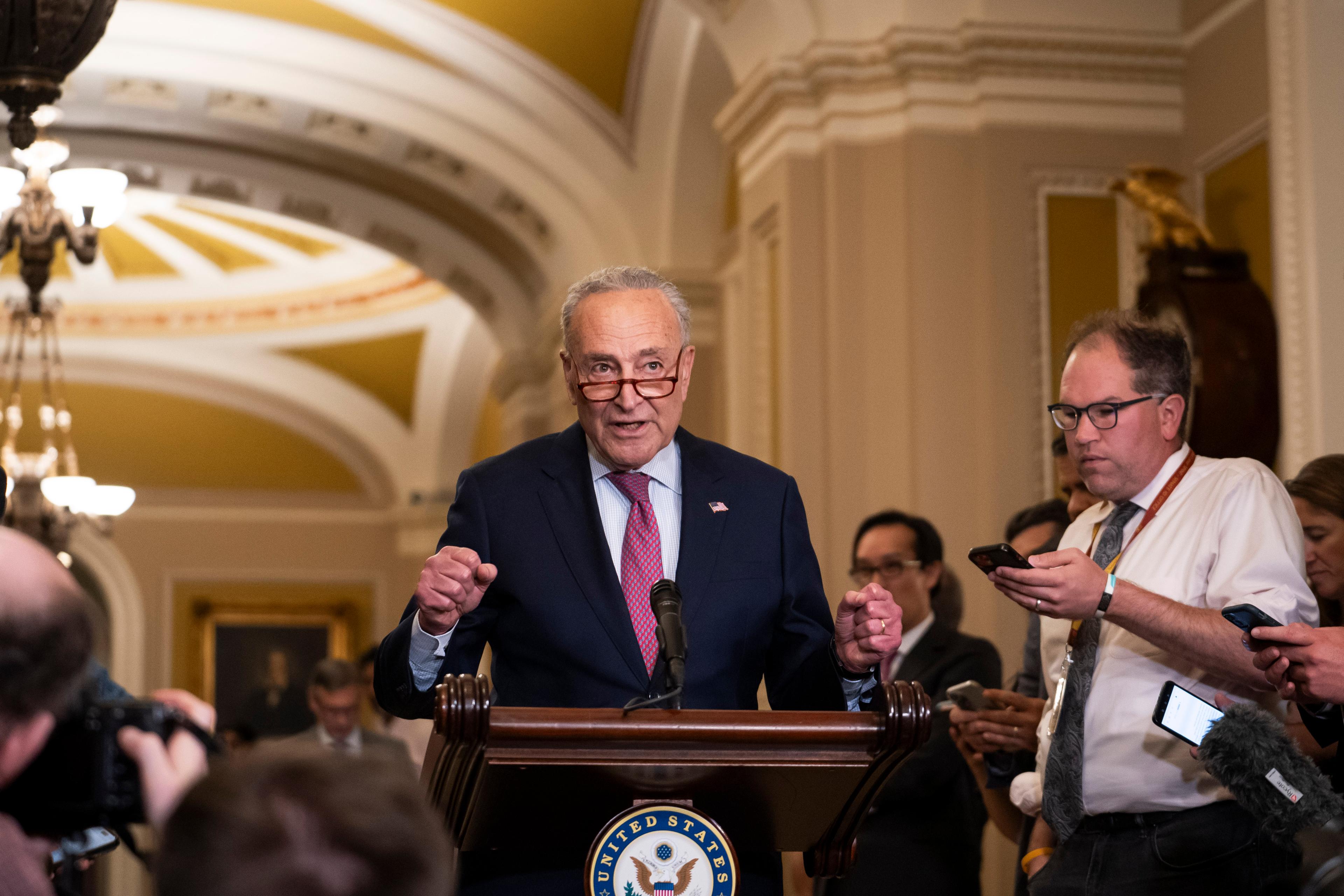 Sen. Chuck Schumer (D-N.Y.) speaks during the weekly Senate presser in the U.S. Capitol building in Washington on July 9, 2024. (Madalina Vasiliu/The Epoch Times)