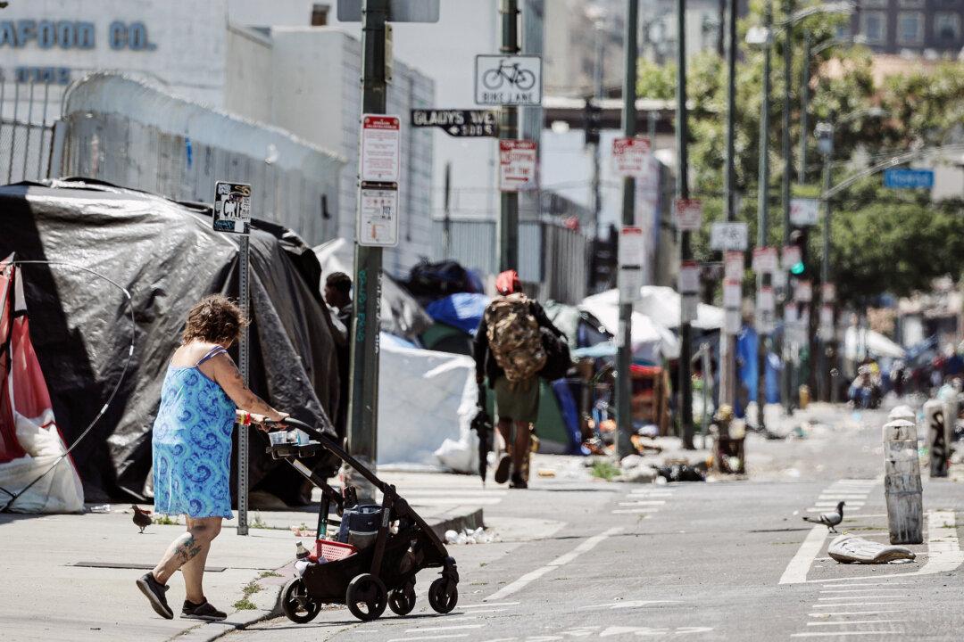 An encampment of homeless people in the Skid Row community in Los Angeles on June 28, 2024. (Mario Tama/Getty Images)