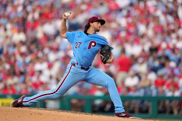 Phillies pitcher Aaron Nola works against the Dodgers in Philadelphia on July 11, 2024. (Matt Slocum/AP Photo)