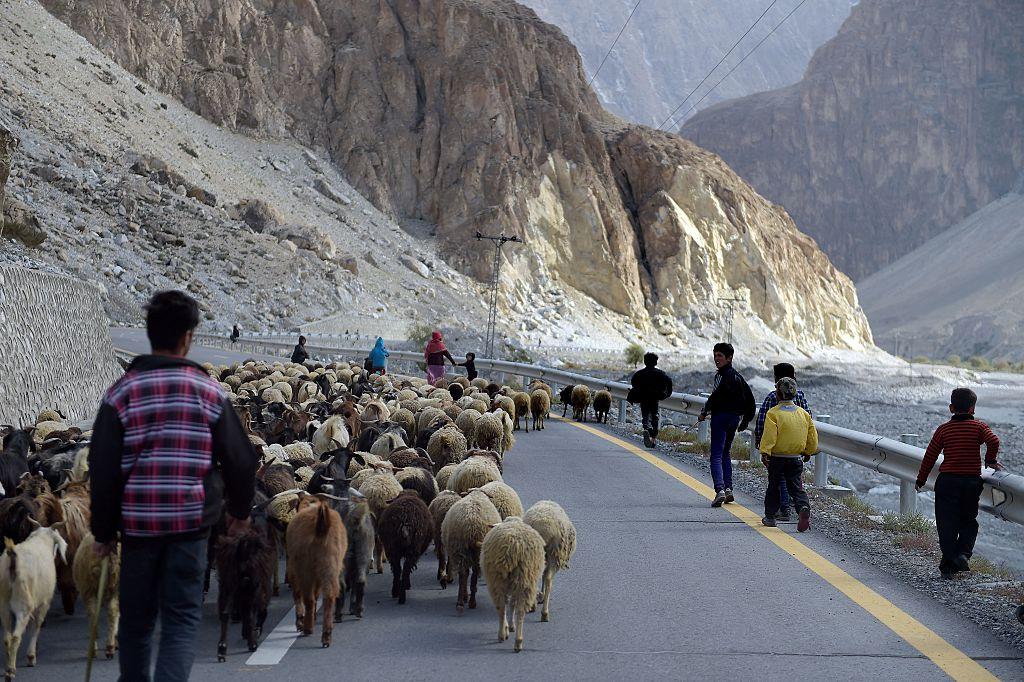 Locals herd sheep on the Karakoram Highway near the village of Gulmit, in the Hunza Valley, in Pakistan on Sept. 29, 2015. (Aamir Qureshi/AFP via Getty Images)