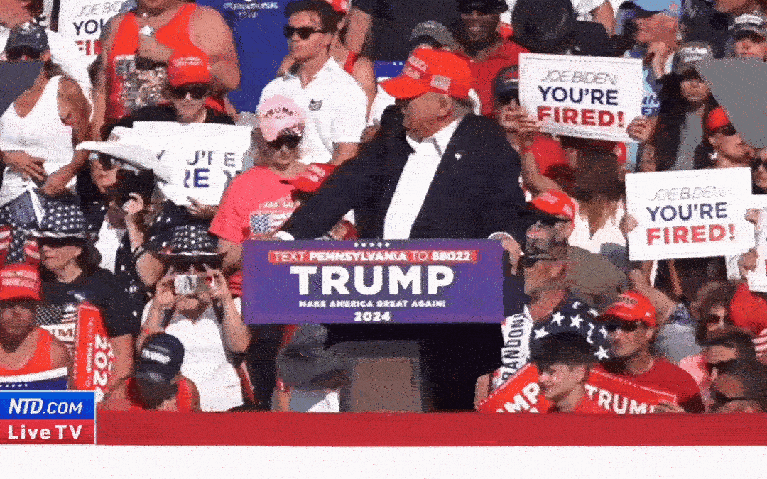 Footage shows the moment when shots were fired at former President Donald Trump during the rally. (NTD)