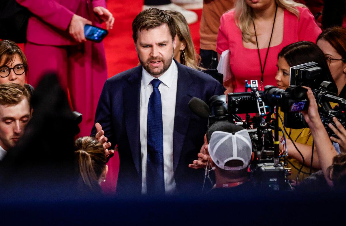 Sen. J.D. Vance (R-Ohio) speaks to reporters in the spin room following the CNN Presidential Debate in Atlanta on June 27, 2024. (Kevin Dietsch/Getty Images)