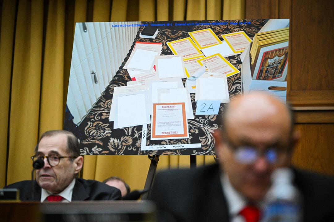 An image of alleged classified documents at former President Donald Trump's Mar-a-Lago Club is displayed during a House Judiciary Committee hearing at the U.S. Capitol on March 12, 2024. (Mandel Ngan/AFP via Getty Images)