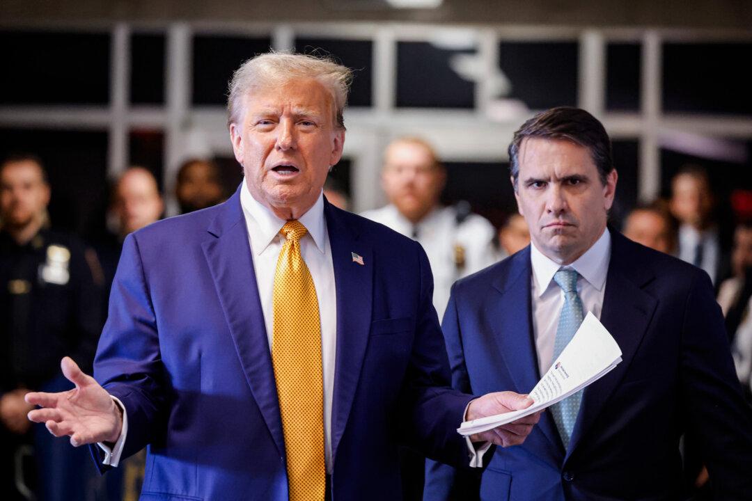 Former President Donald Trump speaks to the media outside the Manhattan Criminal Court in New York City on May 14, 2024. (Michael M. Santiago/Getty Images)