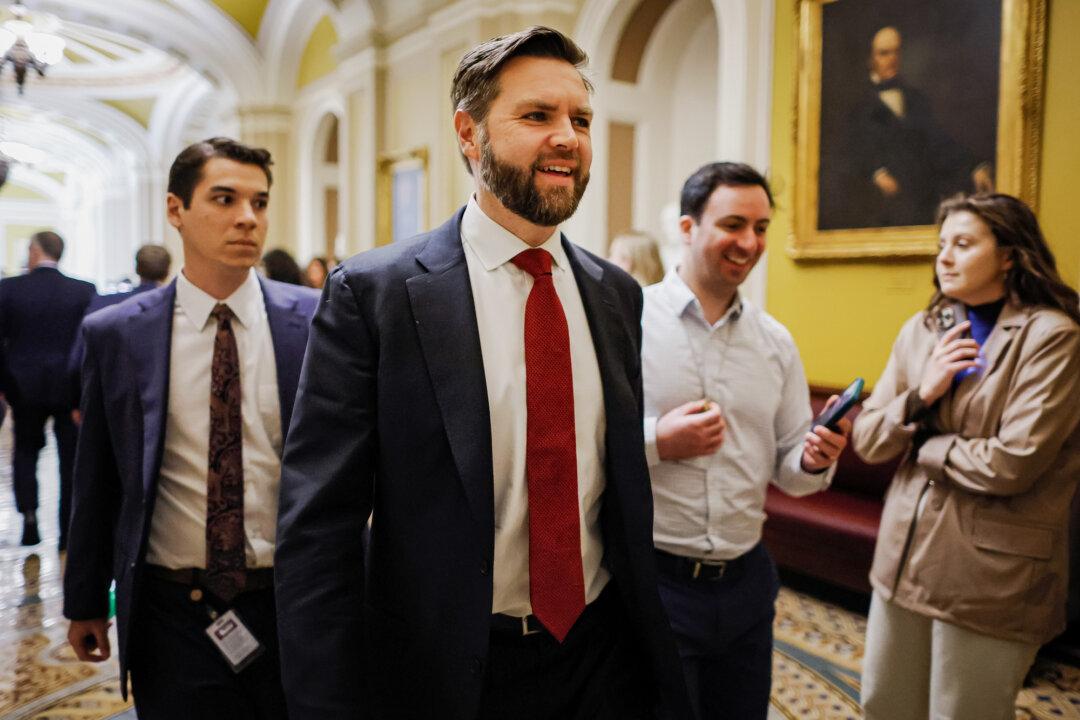 Sen. J.D. Vance (R-Ohio) (C) leaves a Republican Senate conference meeting at the U.S. Capitol on Feb. 7, 2024. (Chip Somodevilla/Getty Images)