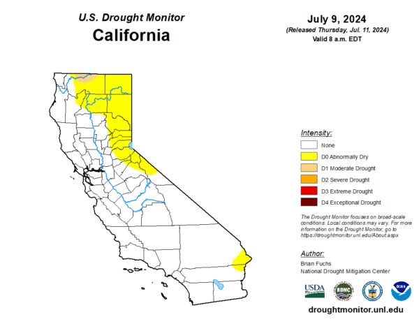 A map shows California’s drought conditions on July 9, 2024. (Courtesy of the U.S. Drought Monitor)