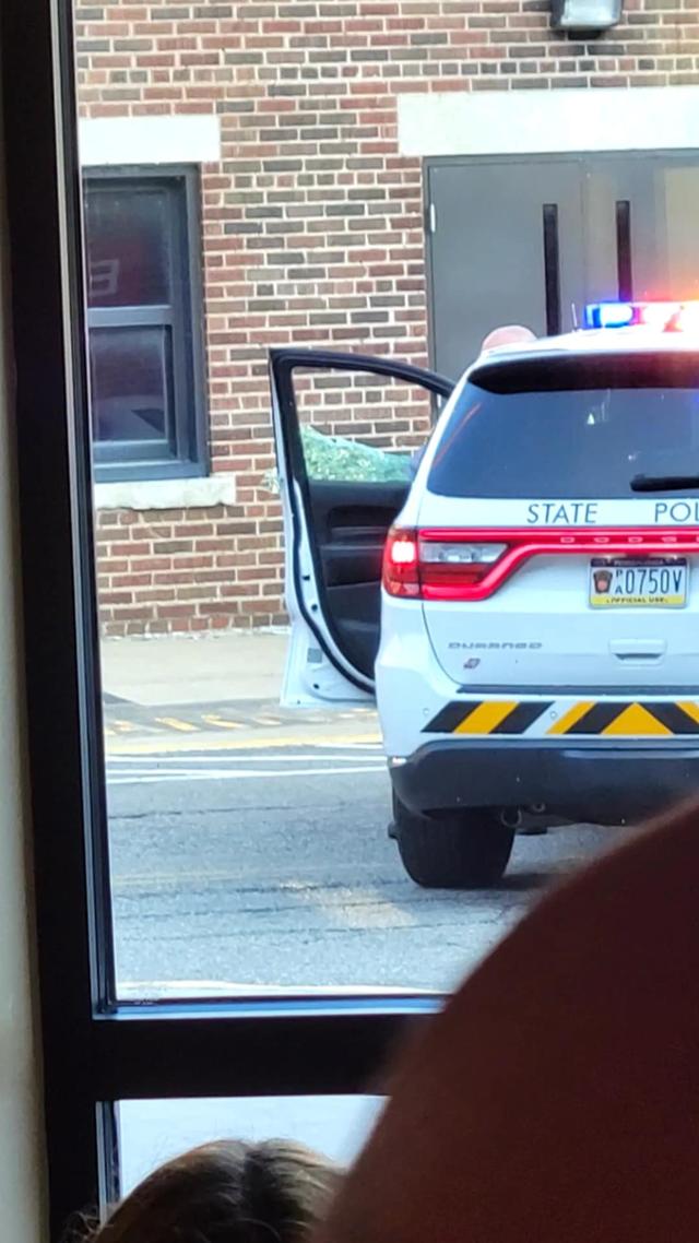 Pennsylvania State Police vehicle with broken window arrived at the Butler Memorial Hospital with former President Trump’s motorcade. View from Emergency room waiting area, July 13, 2024. (Courtesy Rick Foerster)