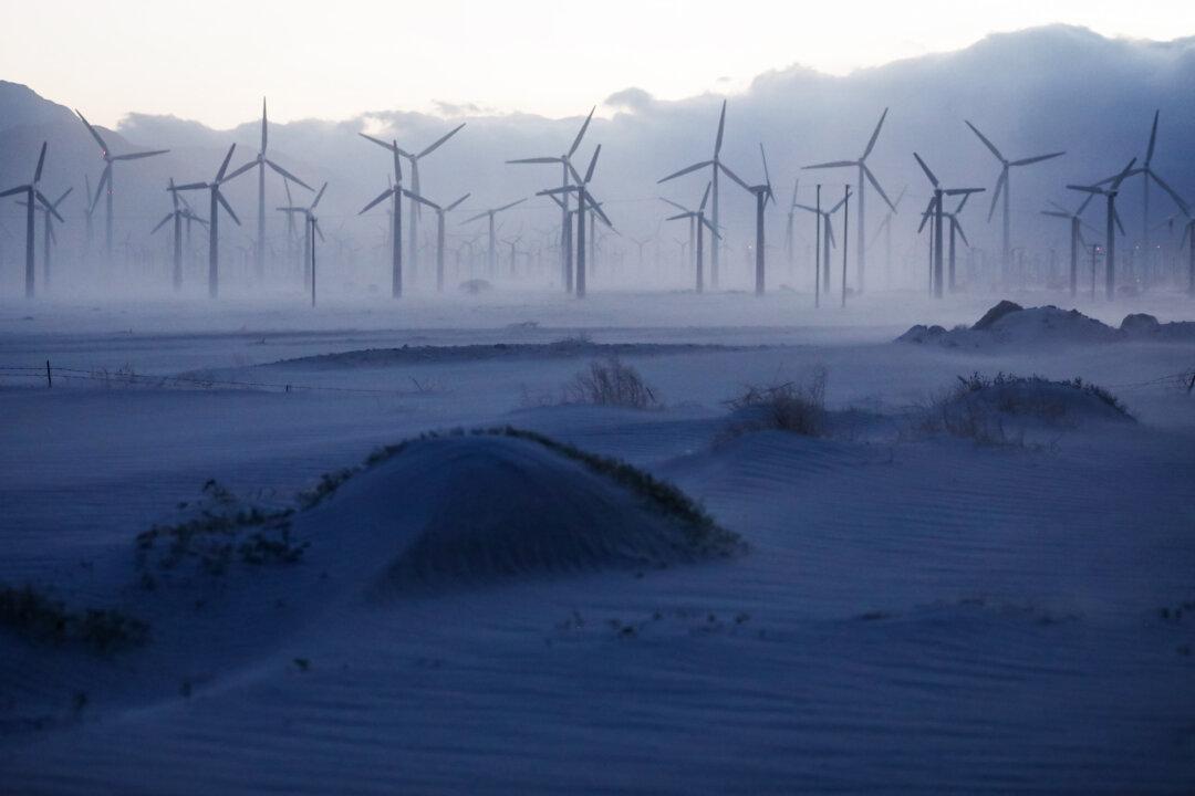 A wind farm operates in the Coachella Valley in Palm Springs, Calif., on May 7, 2019. The average cost of residential electricity as of April across the states that have a cap-and-trade regime is more than one-third higher than the national average, according to the U.S. Energy Information Administration. (Mario Tama/Getty Images)