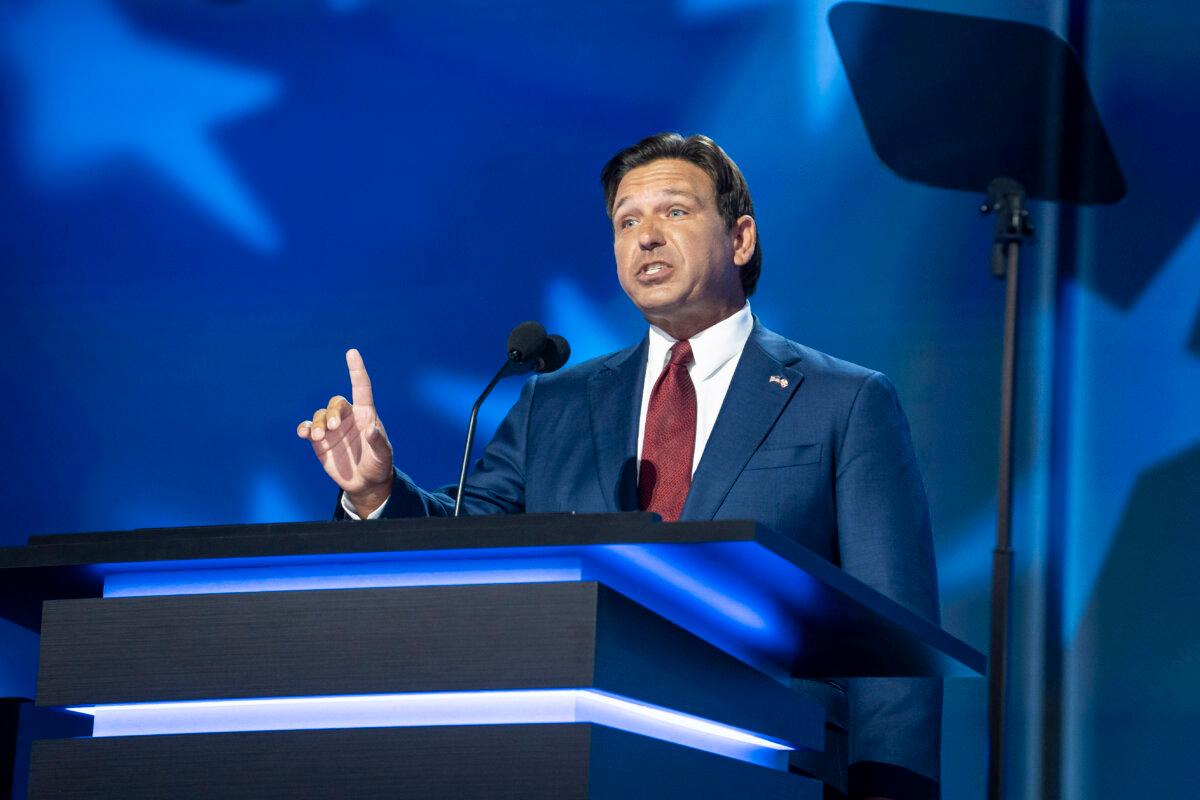 Florida Gov. Ron DeSantis speaks during the Republican National Convention (RNC) in Milwaukee, Wis., on July 16, 2024. (Madalina Vasiliu/The Epoch Times)