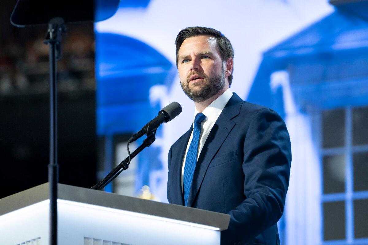 Vice Presidential nominee Sen. JD Vance (R-Ohio) speaks during the Republican National Convention (RNC) in Milwaukee, Wis., on July 17, 2024. (Madalina Vasiliu/The Epoch Times)