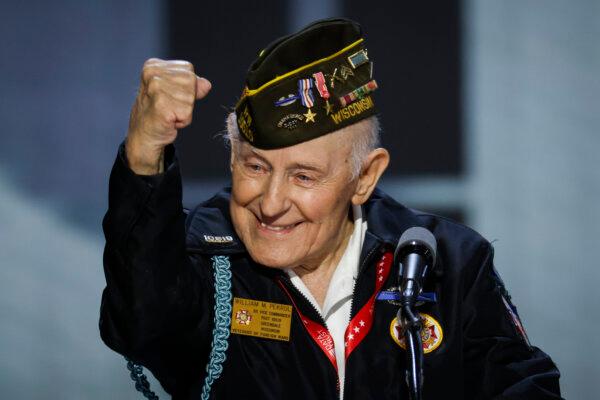 WWII Veteran Sergeant William Pekrul speaks on stage on the third day of the Republican National Convention in Milwaukee, Wis., on July 17, 2024. (Chip Somodevilla/Getty Images)