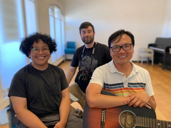 Kuang Lee, Kevin Rebultan, and videographer Gavin in Berkeley, Calif., on June 28, 2024. (Helen Billings/The Epoch Times)