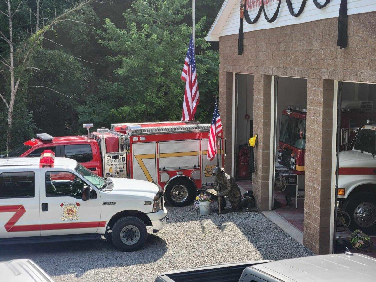 The U.S. flag is flown at half-staff at the Buffalo Township, Pa., Volunteer Fire Station to honor former chief Corey Comperatore on July 18, 2024. (Jeff Louderback/Epoch Times)